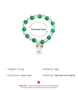 Detailed specs of Christmas beaded bracelet featuring green pearls and reindeer charm