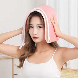 Pink microfiber hair drying towel cap for women with bear button and quick dry material