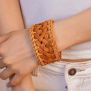 Handmade woven rattan geometric open bangle bracelet with a minimalist wide natural design