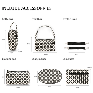 Detailed view of 7-piece diaper bag accessories set with black geometric pattern prints