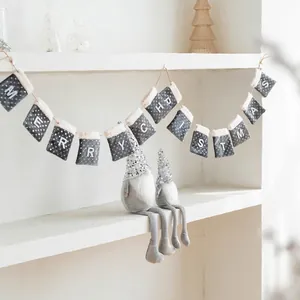 Minimalist Merry Christmas felt bunting banner and grey sequin leg gnome decorations