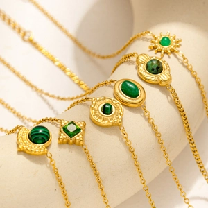 Vintage Emerald Natural Stone Bracelet Stainless Steel 18K Gold Plated Bohemian Retro Jewelry For Women