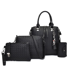 Women Woven PU Leather Handbag Tote Shoulder Bag Crossbody Pouch Card Holder With Cat Pendant Tassel Fashionable