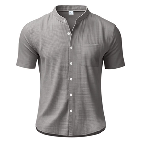 Detail of light grey short sleeve linen shirt with stand collar and chest pocket