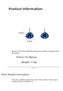 Detailed size chart for blue pleated fan-shaped resin earrings with 925 silver needles