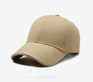Detail view of khaki cotton baseball cap showing structured crown and stitching