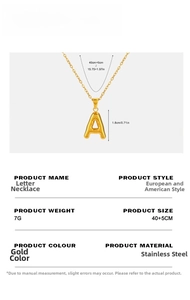 Macro view of gold puffy letter A pendant with chain length 40+5cm and 1.8cm height detail