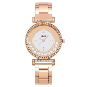 Women Quartz Watch Rose Gold Metal Strap Rhinestone Inlaid Floating Crystals Fashion Elegant Wristwatch