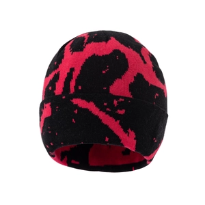 Winter knitted beanie with red and black abstract pattern and folded cuff design