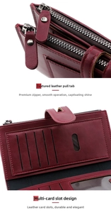Detail of wine red PU leather wallet showing double zippers and multiple card slots