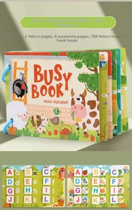 Detail showing farm theme busy book with velcro letters and alphabet learning pages