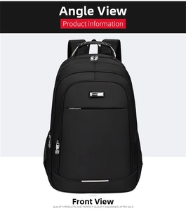 Front view of black nylon business laptop backpack with multiple pockets and metal logo