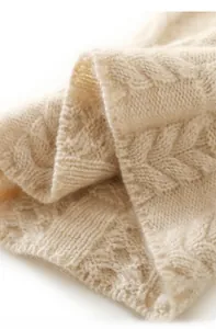 Detailed macro shot of premium cable knit texture on soft cashmere beanie hat