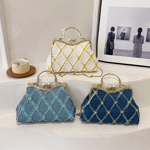 Vintage shell handbags with pearl handle and metal clasp in three denim colors