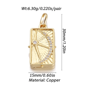 Detailed view of 18K gold plated copper sunburst pendant with zircon crescent inlay