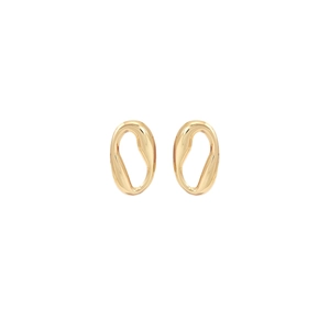 Macro detail of the golden irregular hollow round earrings with smooth metallic finish