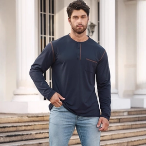 Men's long-sleeve navy blue Henley shirt with chest pocket and contrast brown stitching