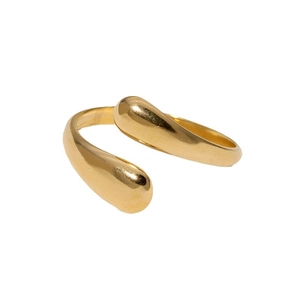 Minimalist golden open ring with a teardrop design in polished stainless steel finish