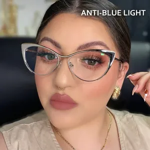 Silver cat-eye metal glasses frame for women with blue light blocking lenses