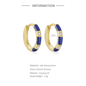 Detail specifications for 925 sterling silver hoop earrings with blue enamel and zircons