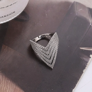 Sparkling triple layer V-shaped ring with micro-pave diamonds in a silver finish
