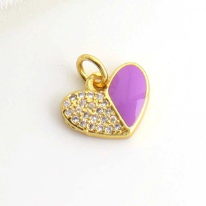 Elegant gold heart pendant featuring purple enamel and sparkling white zircon stones