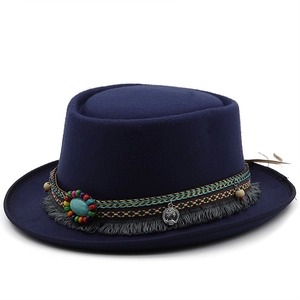 Navy blue flat brim wool felt fedora with bohemian woven band and bead charms