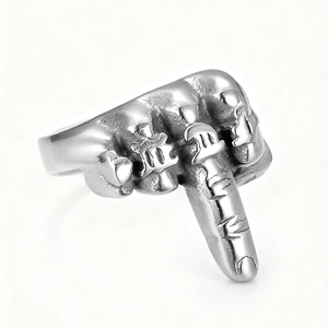 Retro stainless steel ring with middle finger fist design and gothic letter engraving