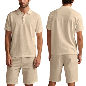 Men's summer linen short sleeve Polo shirt and shorts set in beige, front and back view