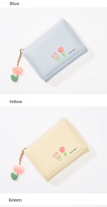 Trio of cute pastel PU leather wallets in blue, yellow, and green with tulip charms
