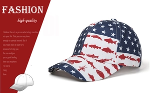 Detail of USA flag fish print on breathable cotton baseball cap with curved brim