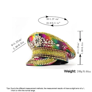 Rainbow military hat with silver rhinestones and gold sequins for party festivals