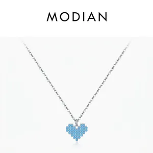 S925 Sterling Silver Pixel Heart Pendant Necklace For Women Retro Elegant Zirconia Turquoise Inlaid Fashion Jewelry Gift
