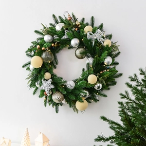 60cm pine needle Christmas wreath with gold ornaments and lights on white wall