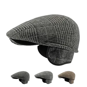 Mens Plaid Flat Cap With Ear Flaps Warm Quilted Lining Vintage Newsboy Hat Winter British Style Duckbill Cap Retro