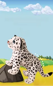 Detailed plush leopard toy featuring realistic black spots and expressive blue eyes