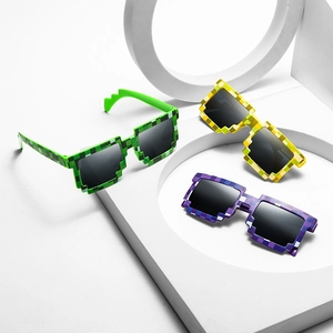 Green yellow and purple mosaic pixelated party sunglasses with retro digital frames