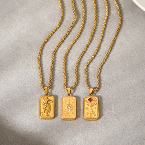Tarot Card Pendant Necklace Stainless Steel Gold Plated Relief Sun Star Lovers Zircon Jewelry For Women
