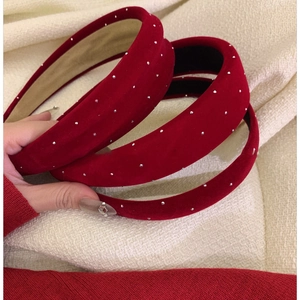 Retro Red Velvet Padded Headband Elegant Rhinestone Studded Wide Hair Hoop Autumn Winter Hair Accessories For Women