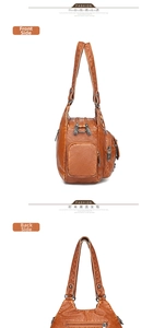 Front and back views of a vintage brown multi-pocket washed leather crossbody shoulder bag