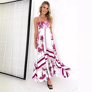 Summer bohemian floral maxi dress with square neck and spaghetti straps on white background
