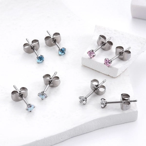 Round Zircon Stud Earrings Stainless Steel Colorful Small Minimalist Piercing Jewelry Simple Style Women
