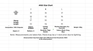 Detailed size guide table for women's knitted cardigan with fabric specifications