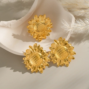 Sunflower Stainless Steel Stud Earrings And Open Ring Gold Plated Waterproof Hypoallergenic Women Jewelry Pastoral Style Gift