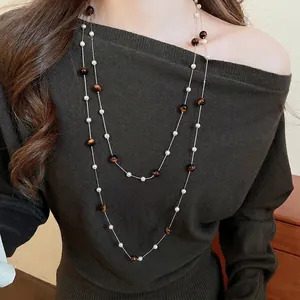 Sautoir Multi Rangs Vintage Avec Pierre Oeil De Tigre Et Künstliche Perles Cristal Collier Pour Pull Style Bohème Femmes