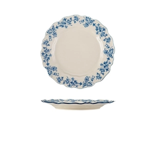 Blue and white floral ceramic dinner plate with elegant scalloped edges on white background