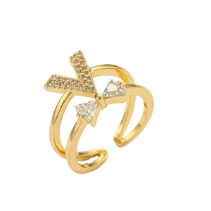Adjustable golden double-layer ring with V-shape letter design and zircon stones