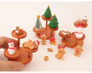 Miniature Christmas resin figurines with tiered wooden display stand for DIY tree decor
