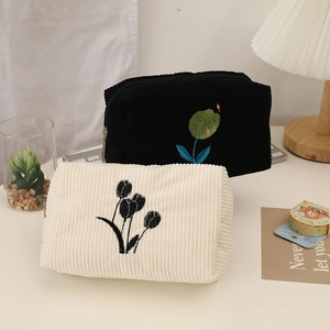 Corduroy Tulip Embroidery Pencil Case Large Capacity Makeup Storage Bag Ins Style Portable Minimalist Fresh For Women