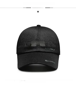 Detail of black mesh baseball cap with KAIRUI logo and breathable summer fabric texture